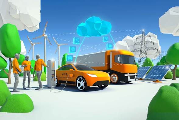 Keyvisual Strategidialog Automobilwirtschaft BW 3D Animation, die das gesamte Ökosystem des Transformationsprozess im Automobilsektor darstellt. Im Hintergrund sind mehrere Windräder und Solarpanels, eine große blaue Wolke, die mehrere Datenpakete überträgt, davor stehen ein elektrischer Pkw und Lkw. Im Vordergrund stehen außerdem drei Personen und unterhalten sich.